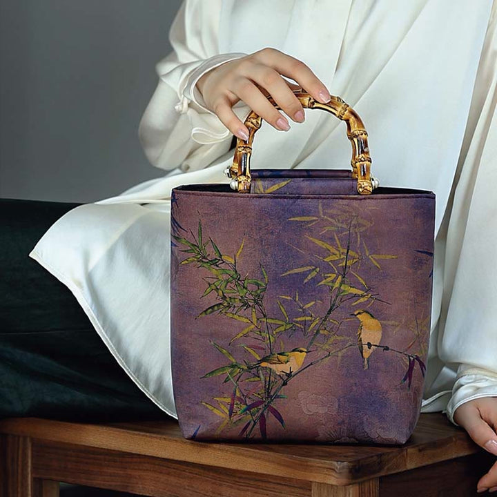 Sac à main avec poignées en bambou et branches d'oiseaux violets et Buddha Stones