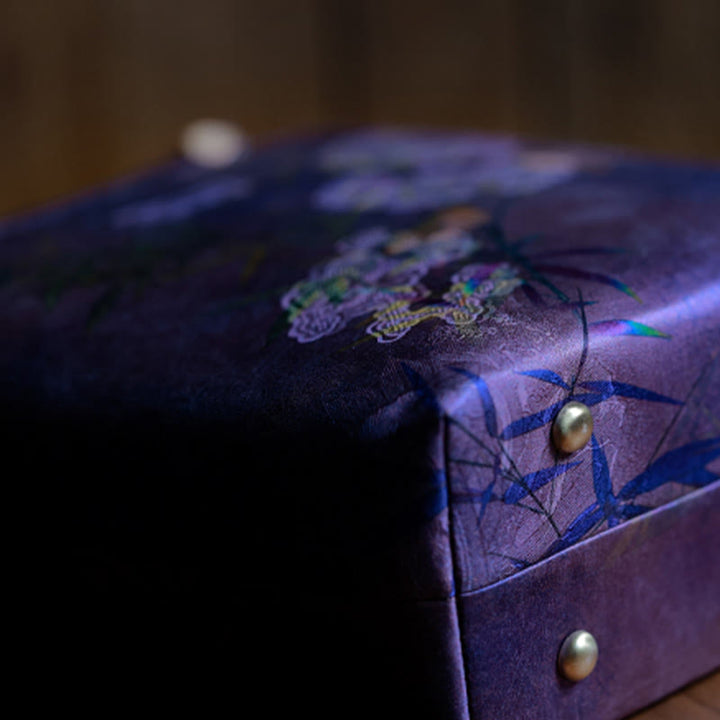 Sac à main avec poignées en bambou et branches d'oiseaux violets et Buddha Stones
