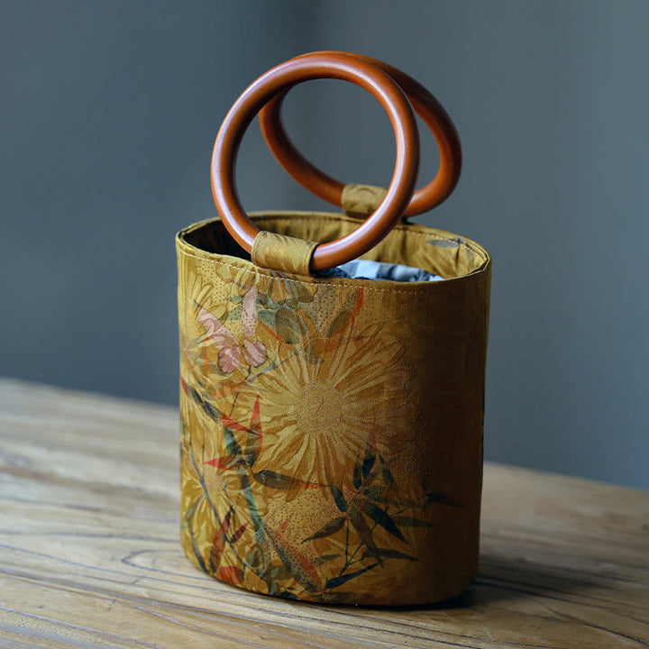 Sac à main avec poignée en bois de kaki et Buddha Stones, feuille de bambou, papillon, fleur de cerisier