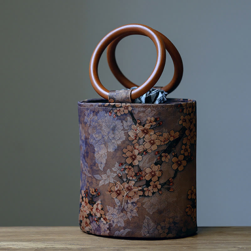 Sac à main avec poignée en bois de kaki et Buddha Stones, feuille de bambou, papillon, fleur de cerisier