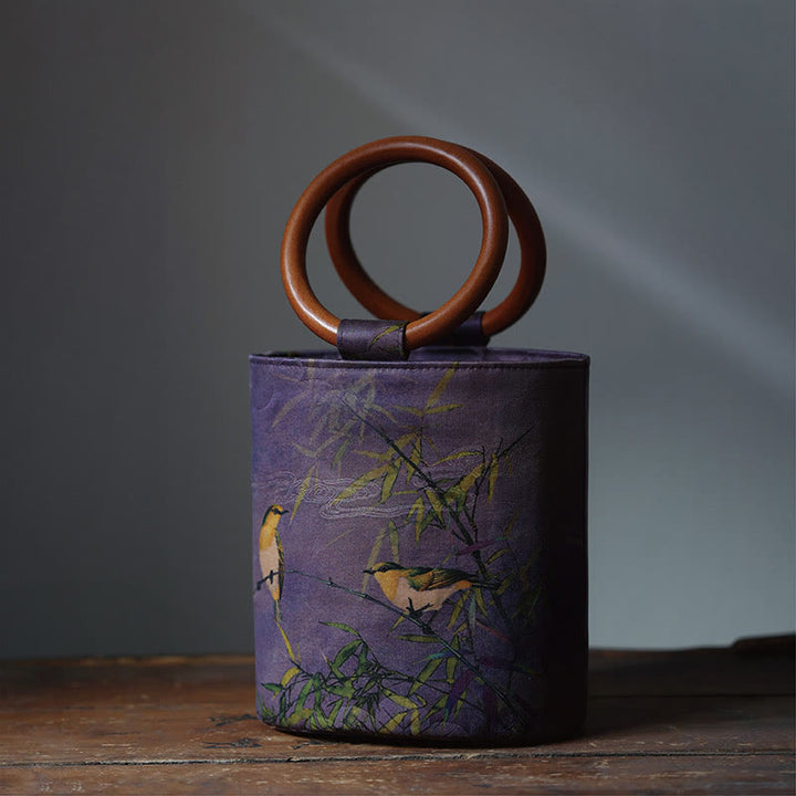 Sac à main avec poignée en bois de kaki et Buddha Stones, feuille de bambou, papillon, fleur de cerisier