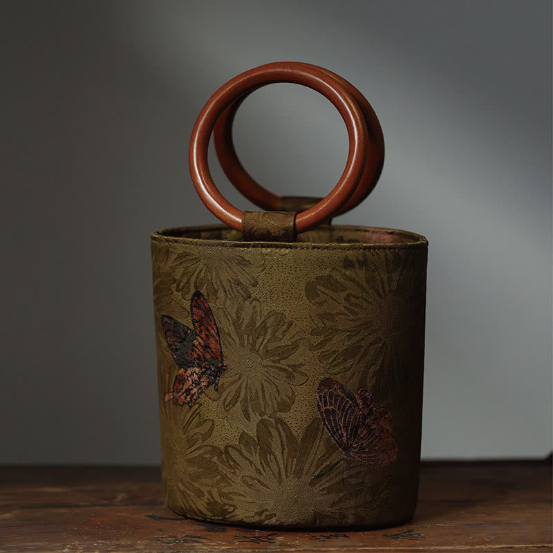Sac à main avec poignée en bois de kaki et Buddha Stones, feuille de bambou, papillon, fleur de cerisier