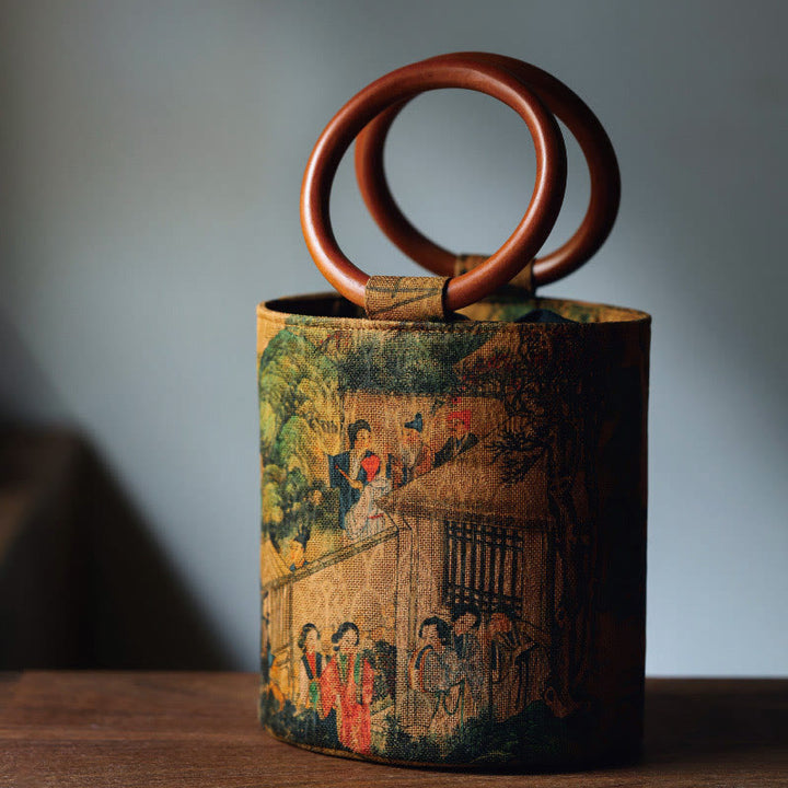 Sac à main avec poignée en bois de kaki et Buddha Stones, feuille de bambou, papillon, fleur de cerisier