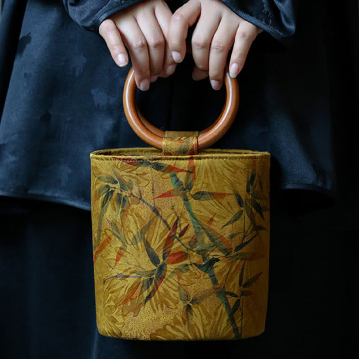 Sac à main avec poignée en bois de kaki et Buddha Stones, feuille de bambou, papillon, fleur de cerisier