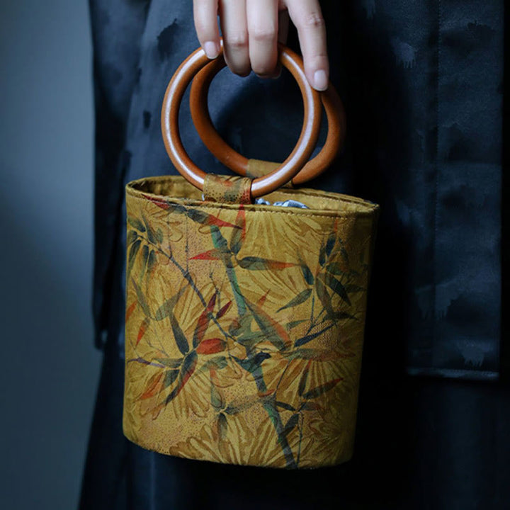 Sac à main avec poignée en bois de kaki et Buddha Stones, feuille de bambou, papillon, fleur de cerisier