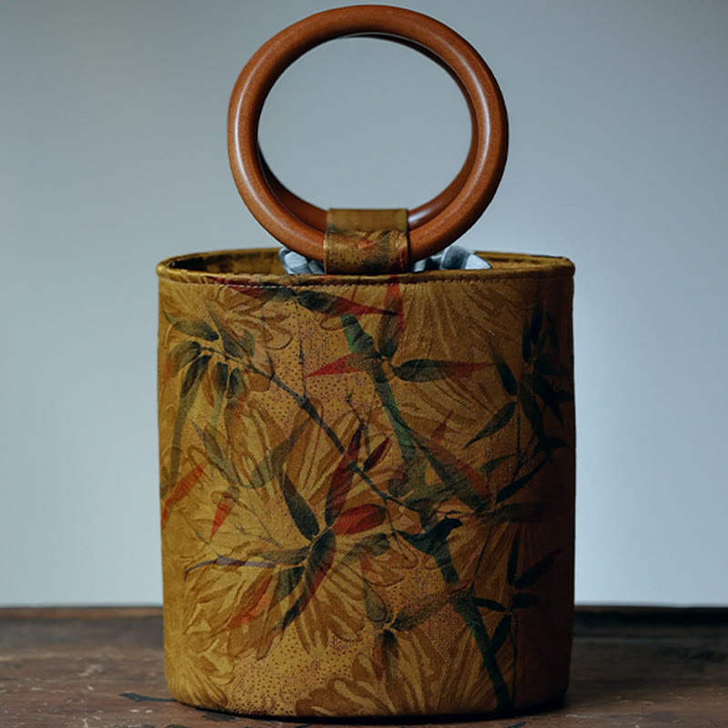Sac à main avec poignée en bois de kaki et Buddha Stones, feuille de bambou, papillon, fleur de cerisier