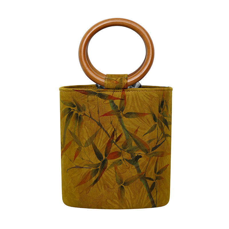 Sac à main avec poignée en bois de kaki et Buddha Stones, feuille de bambou, papillon, fleur de cerisier