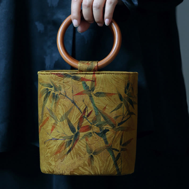 Sac à main avec poignée en bois de kaki et Buddha Stones, feuille de bambou, papillon, fleur de cerisier
