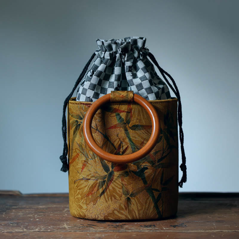 Sac à main avec poignée en bois de kaki et Buddha Stones, feuille de bambou, papillon, fleur de cerisier