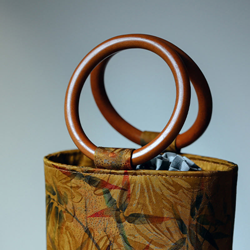 Sac à main avec poignée en bois de kaki et Buddha Stones, feuille de bambou, papillon, fleur de cerisier