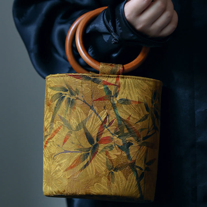 Sac à main avec poignée en bois de kaki et Buddha Stones, feuille de bambou, papillon, fleur de cerisier