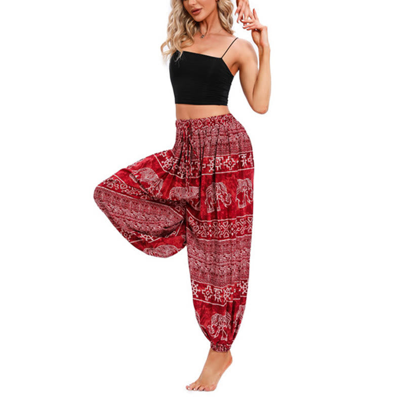 Pantalon de yoga décontracté ample avec motif géométrique d'éléphant et Buddha Stones pour femme
