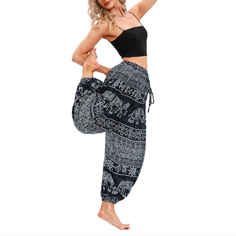 Pantalon de yoga décontracté ample avec motif géométrique d'éléphant et Buddha Stones pour femme