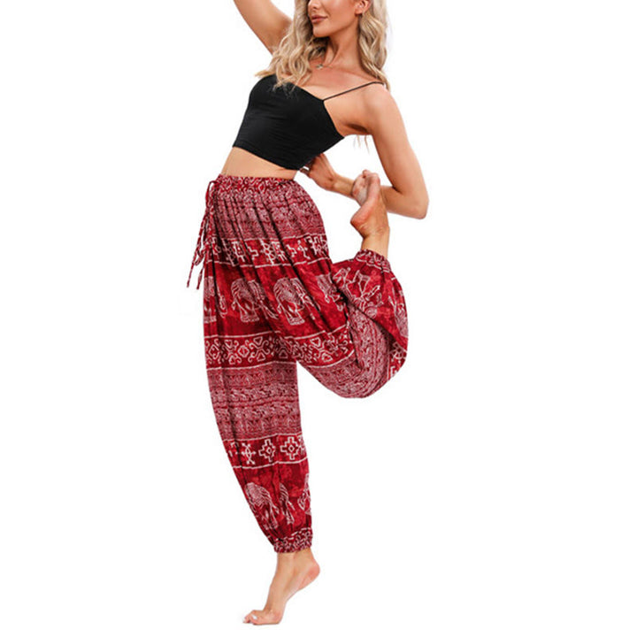 Pantalon de yoga décontracté ample avec motif géométrique d'éléphant et Buddha Stones pour femme