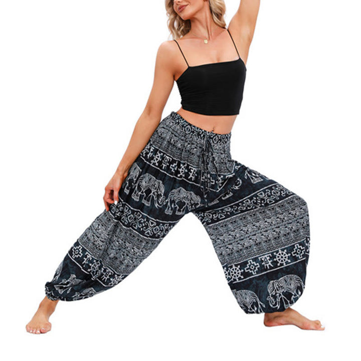 Pantalon de yoga décontracté ample avec motif géométrique d'éléphant et Buddha Stones pour femme