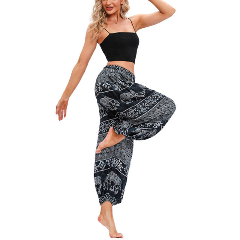 Pantalon de yoga décontracté ample avec motif géométrique d'éléphant et Buddha Stones pour femme