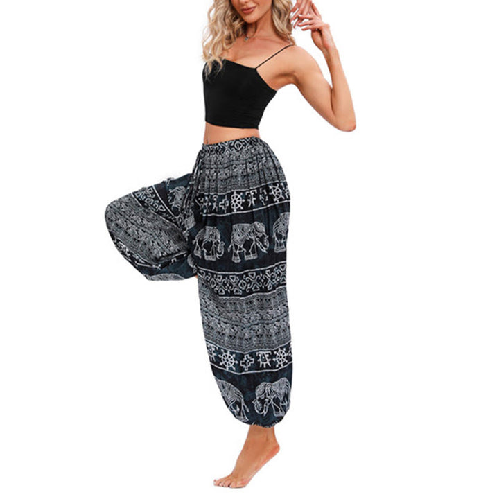 Pantalon de yoga décontracté ample avec motif géométrique d'éléphant et Buddha Stones pour femme