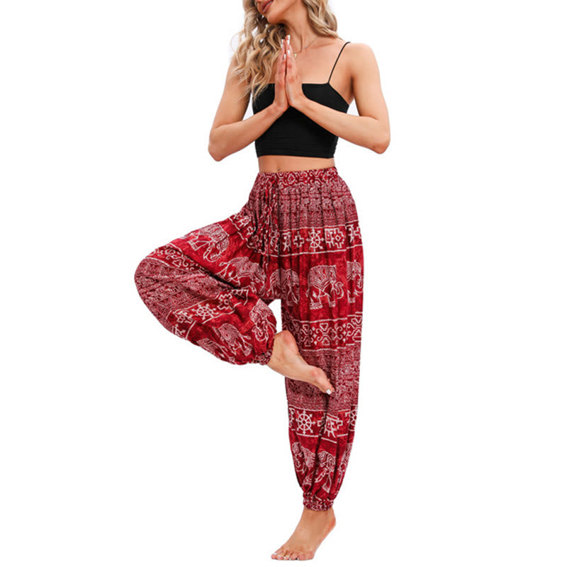 Pantalon de yoga décontracté ample avec motif géométrique d'éléphant et Buddha Stones pour femme