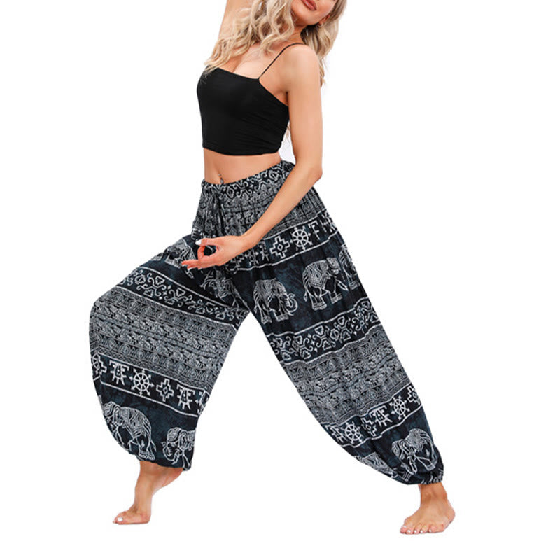 Pantalon de yoga décontracté ample avec motif géométrique d'éléphant et Buddha Stones pour femme