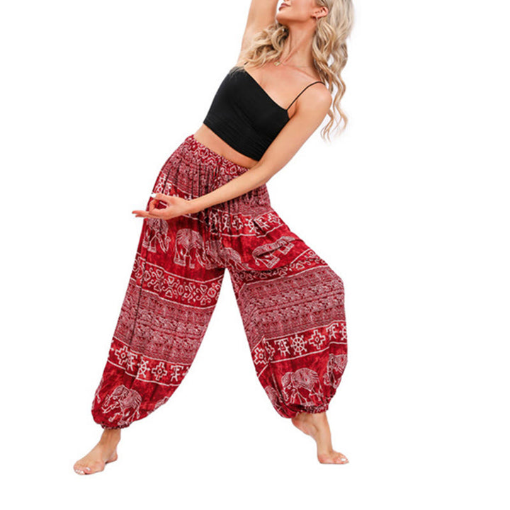 Pantalon de yoga décontracté ample avec motif géométrique d'éléphant et Buddha Stones pour femme