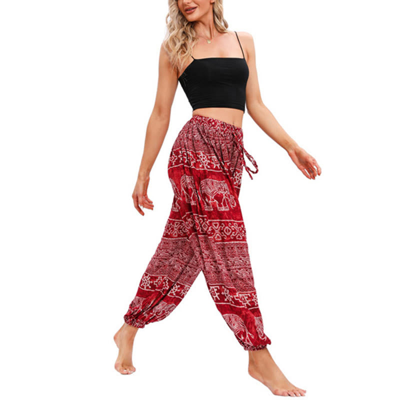 Pantalon de yoga décontracté ample avec motif géométrique d'éléphant et Buddha Stones pour femme