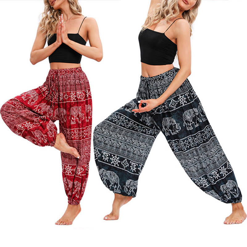 Pantalon de yoga décontracté ample avec motif géométrique d'éléphant et Buddha Stones pour femme - image 0