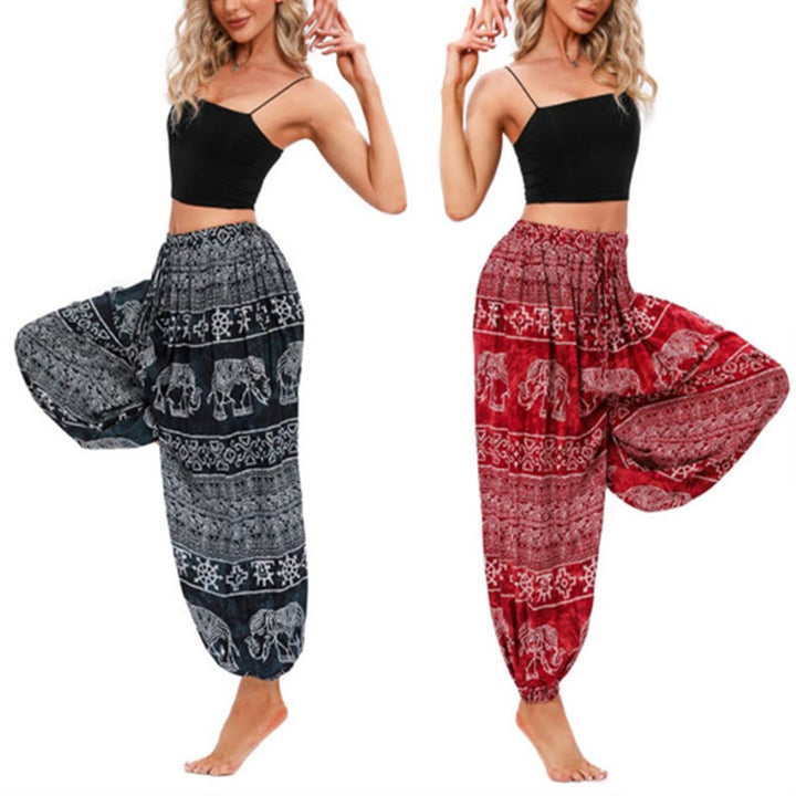 Pantalon de yoga décontracté ample avec motif géométrique d'éléphant et Buddha Stones pour femme