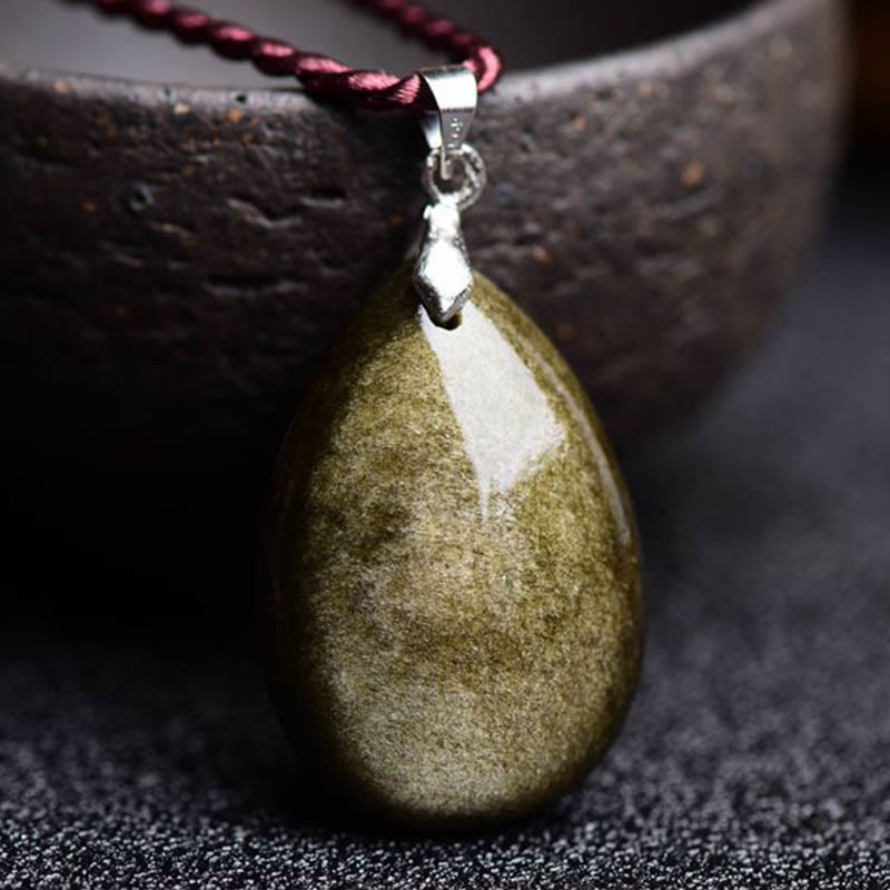 Collier pendentif goutte d'eau en obsidienne noire et dorée avec Buddha Stones