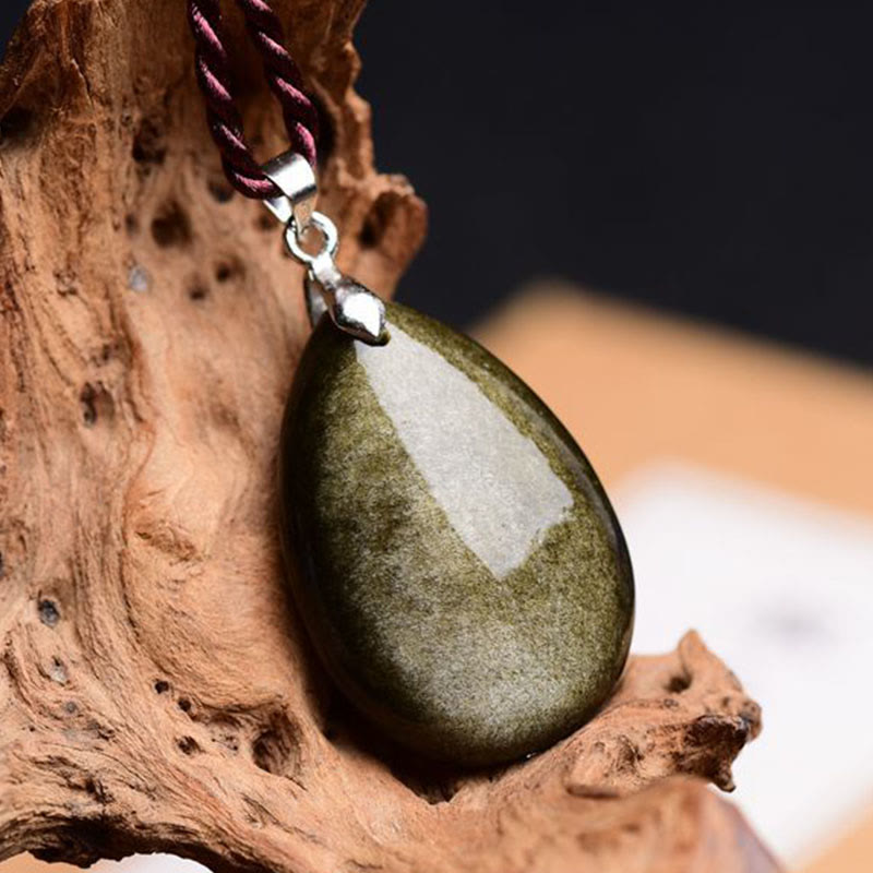 Collier pendentif goutte d'eau en obsidienne noire et dorée avec Buddha Stones