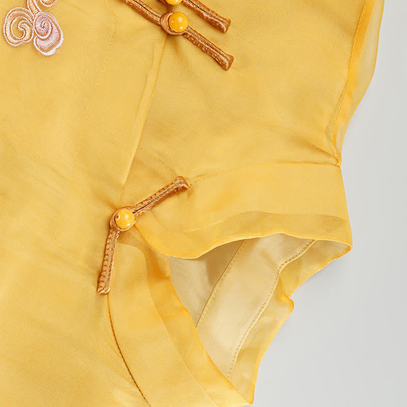 Robe en organza de soie de mûrier 100 % Buddha Stones Robe Qipao Cheongsam brodée de phénix jaune
