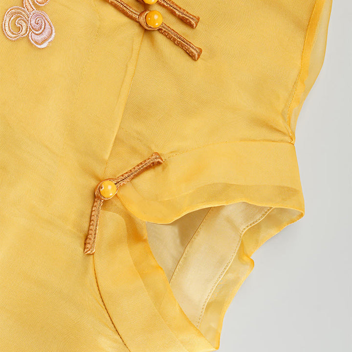 Robe en organza de soie de mûrier 100 % Buddha Stones Robe Qipao Cheongsam brodée de phénix jaune