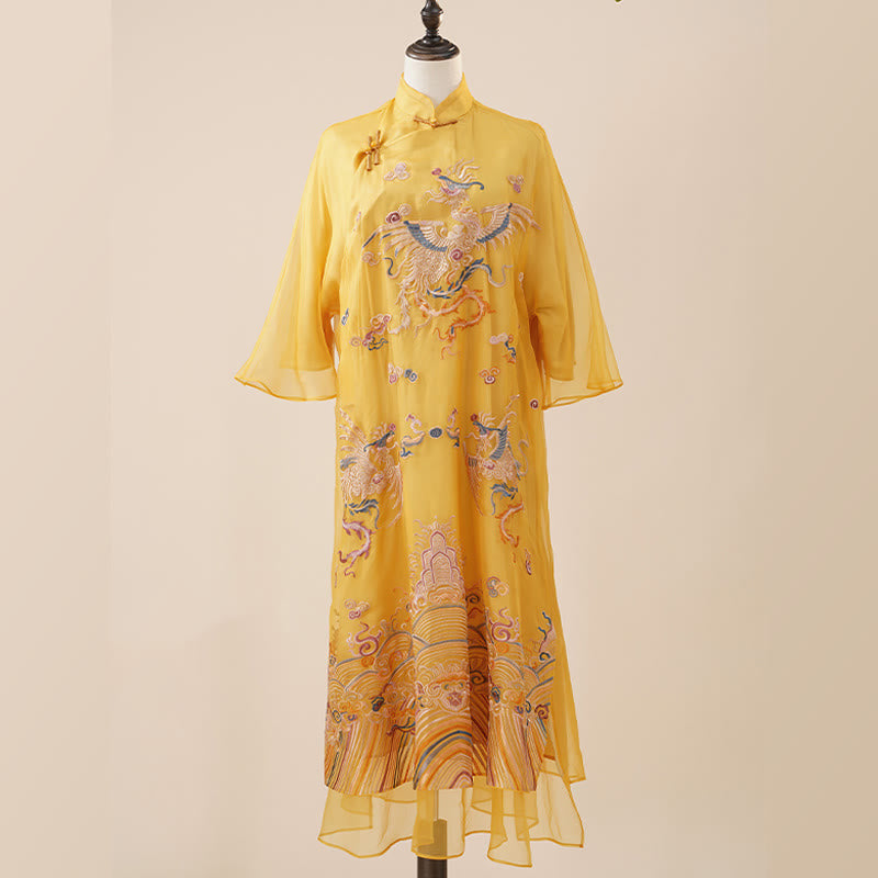 Robe en organza de soie de mûrier 100 % Buddha Stones Robe Qipao Cheongsam brodée de phénix jaune