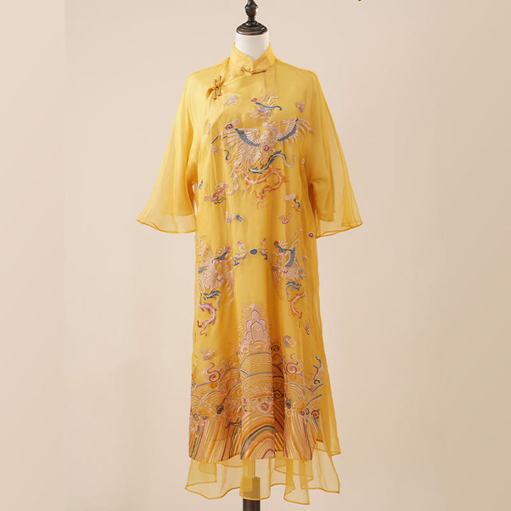 Robe en organza de soie de mûrier 100 % Buddha Stones Robe Qipao Cheongsam brodée de phénix jaune