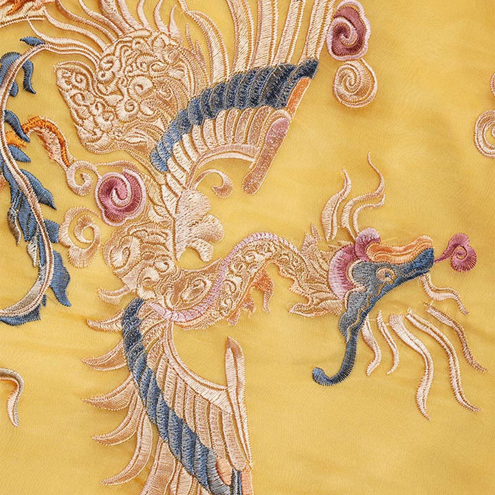 Robe en organza de soie de mûrier 100 % Buddha Stones Robe Qipao Cheongsam brodée de phénix jaune