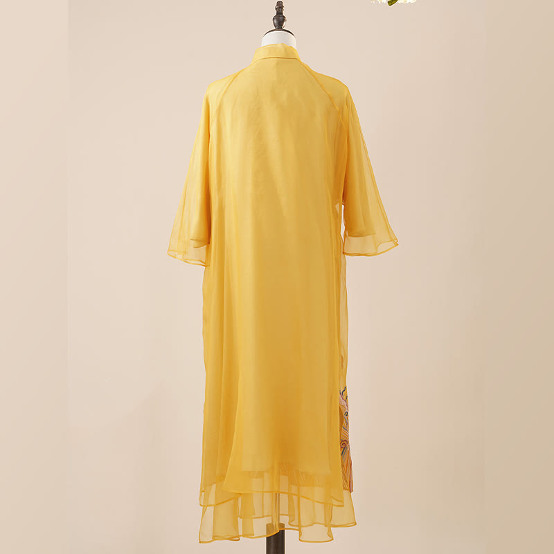 Robe en organza de soie de mûrier 100 % Buddha Stones Robe Qipao Cheongsam brodée de phénix jaune