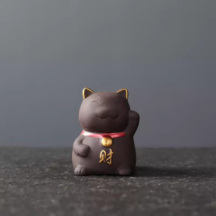 Figurine de chat porte-bonheur en Buddha Stones, mini chat porte-bonheur, thé pour animal de compagnie, décoration en argile violette - Noir 4*3,8*5,5 cm - image 4