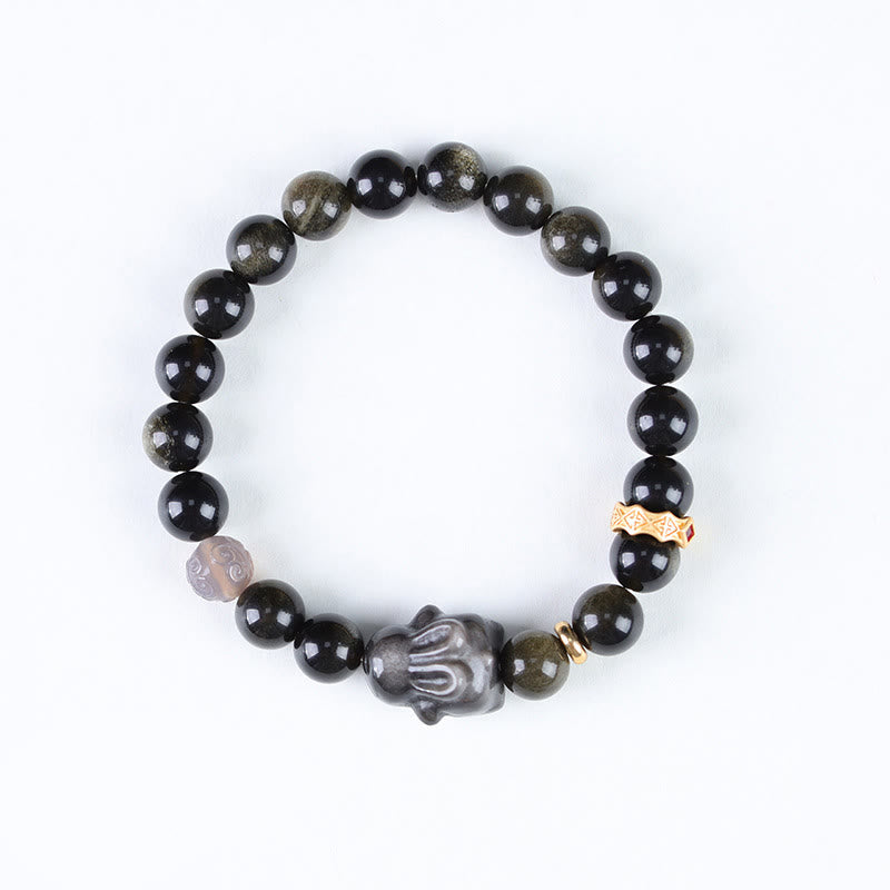 Bracelet de protection lapin mignon en Buddha Stones dorée et brillante en obsidienne noire et argentée