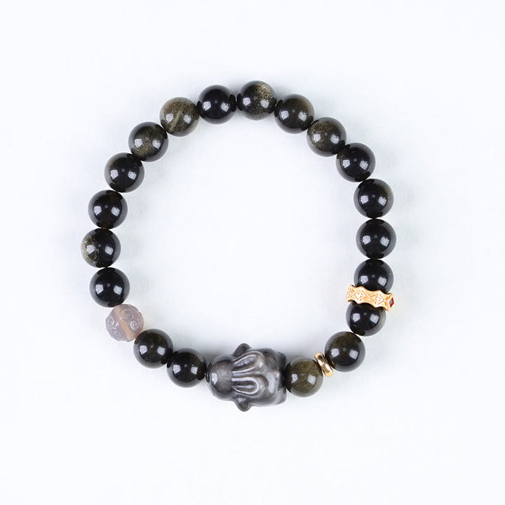 Bracelet de protection lapin mignon en Buddha Stones dorée et brillante en obsidienne noire et argentée