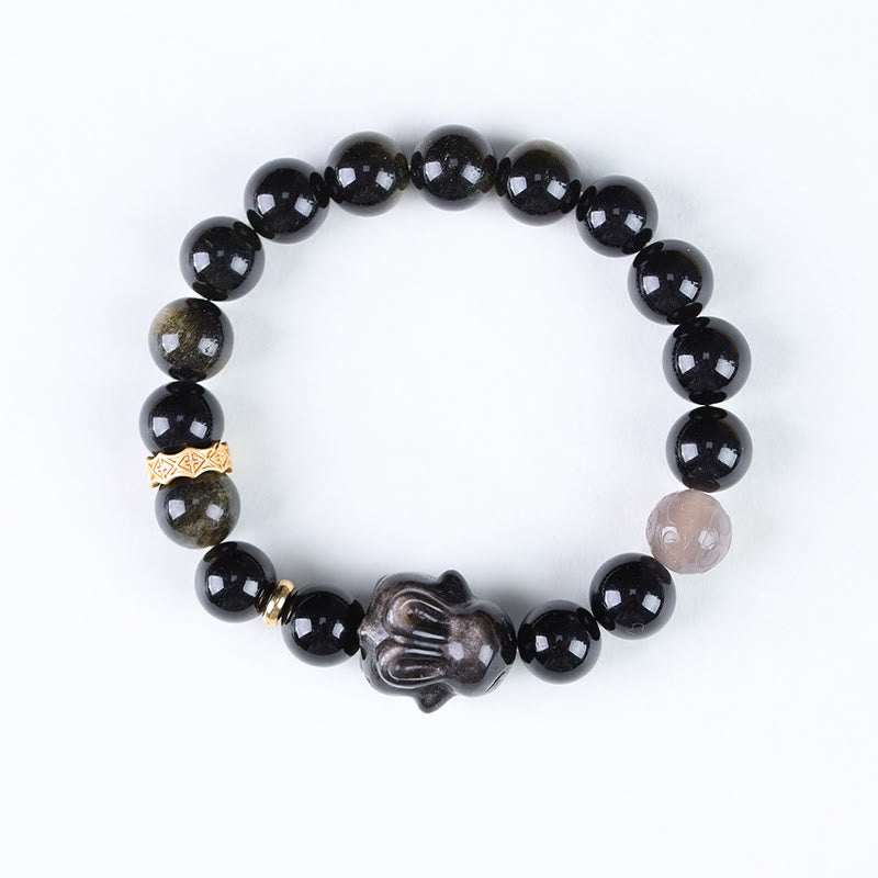 Bracelet de protection lapin mignon en Buddha Stones dorée et brillante en obsidienne noire et argentée