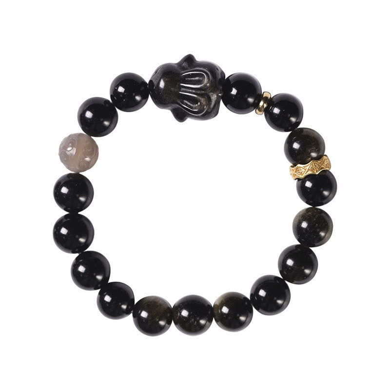Bracelet de protection lapin mignon en Buddha Stones dorée et brillante en obsidienne noire et argentée
