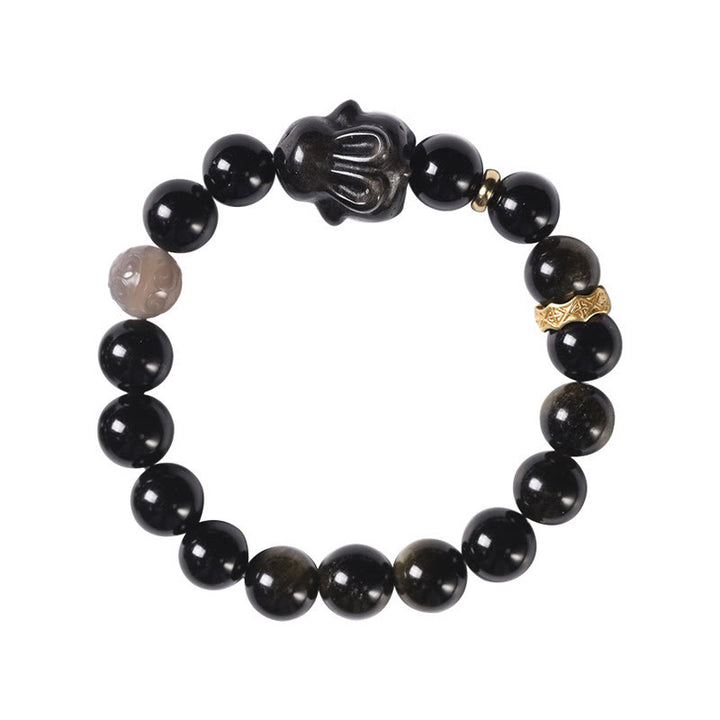 Bracelet de protection lapin mignon en Buddha Stones dorée et brillante en obsidienne noire et argentée