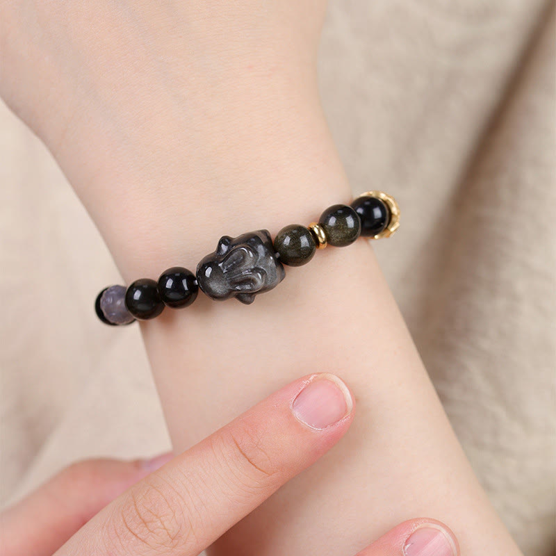 Bracelet de protection lapin mignon en Buddha Stones dorée et brillante en obsidienne noire et argentée