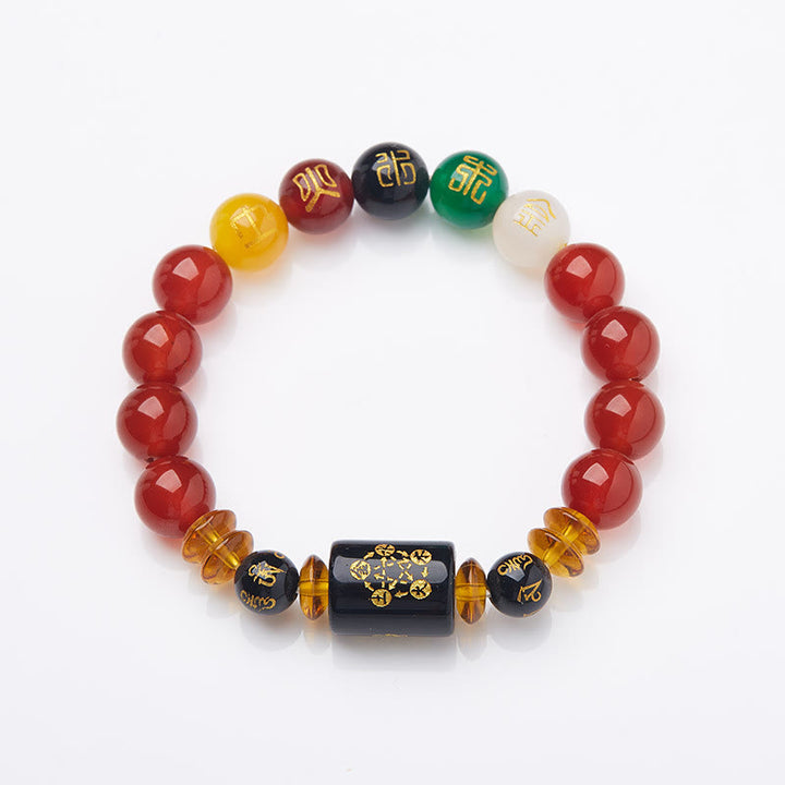 Bracelet de sagesse et de richesse en onyx noir et agate rouge avec cinq éléments de Buddha Stones