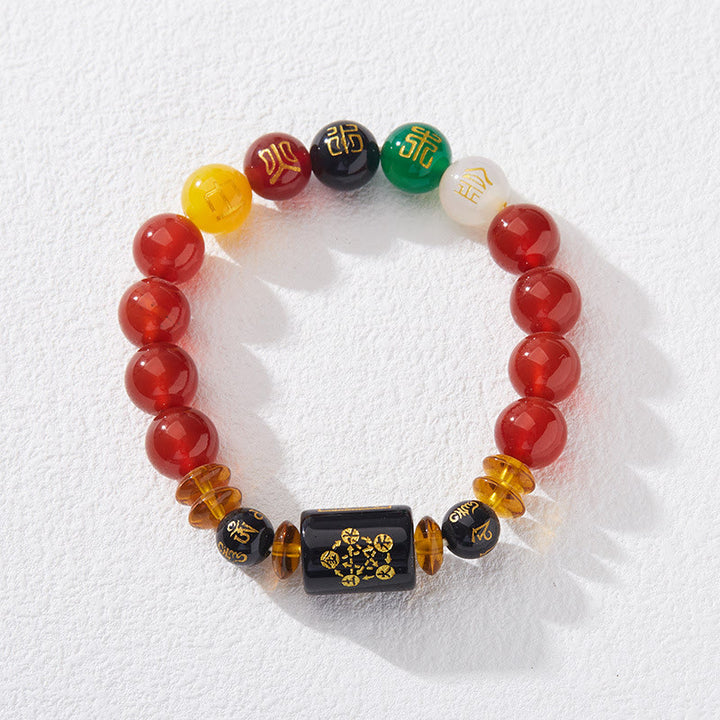 Bracelet de sagesse et de richesse en onyx noir et agate rouge avec cinq éléments de Buddha Stones