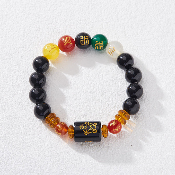 Bracelet de sagesse et de richesse en onyx noir et agate rouge avec cinq éléments de Buddha Stones