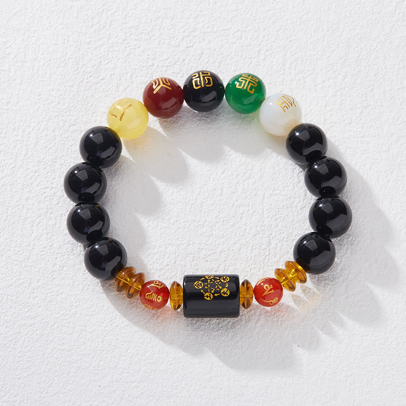 Bracelet de sagesse et de richesse en onyx noir et agate rouge avec cinq éléments de Buddha Stones