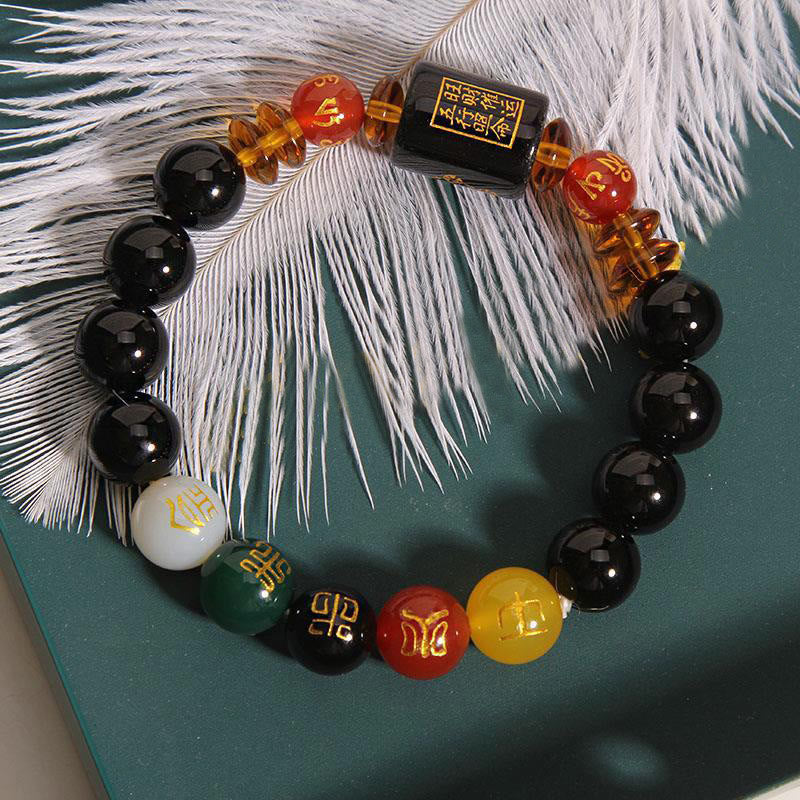 Bracelet de sagesse et de richesse en onyx noir et agate rouge avec cinq éléments de Buddha Stones
