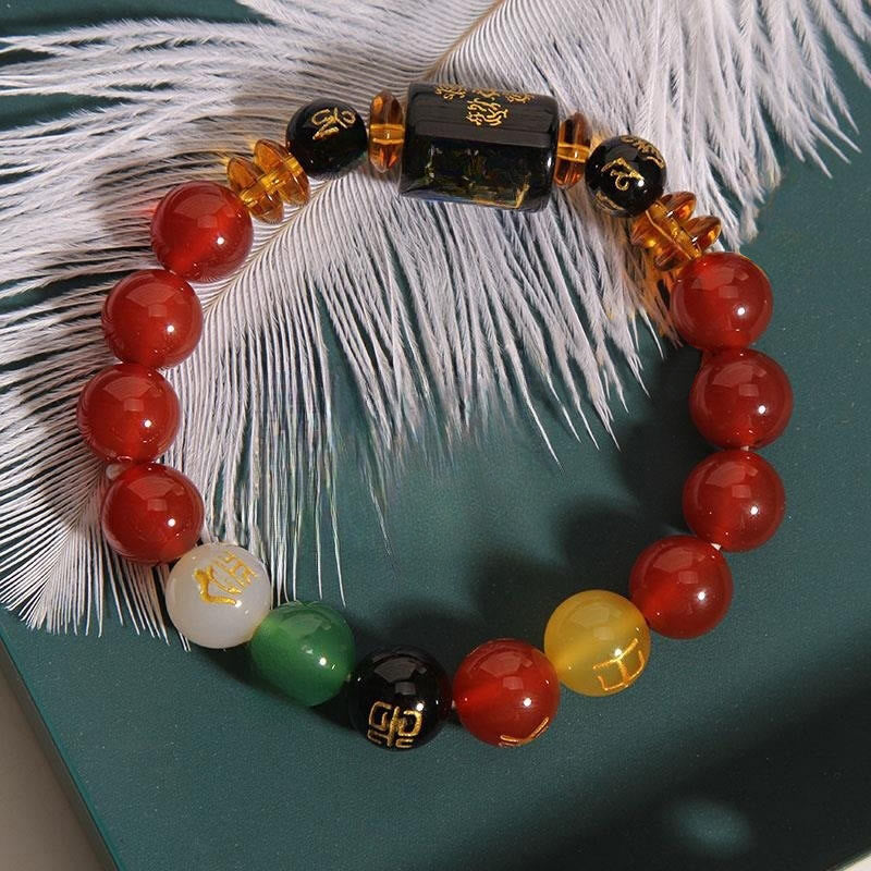 Bracelet de sagesse et de richesse en onyx noir et agate rouge avec cinq éléments de Buddha Stones