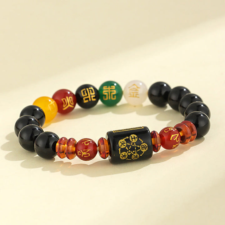 Bracelet de sagesse et de richesse en onyx noir et agate rouge avec cinq éléments de Buddha Stones