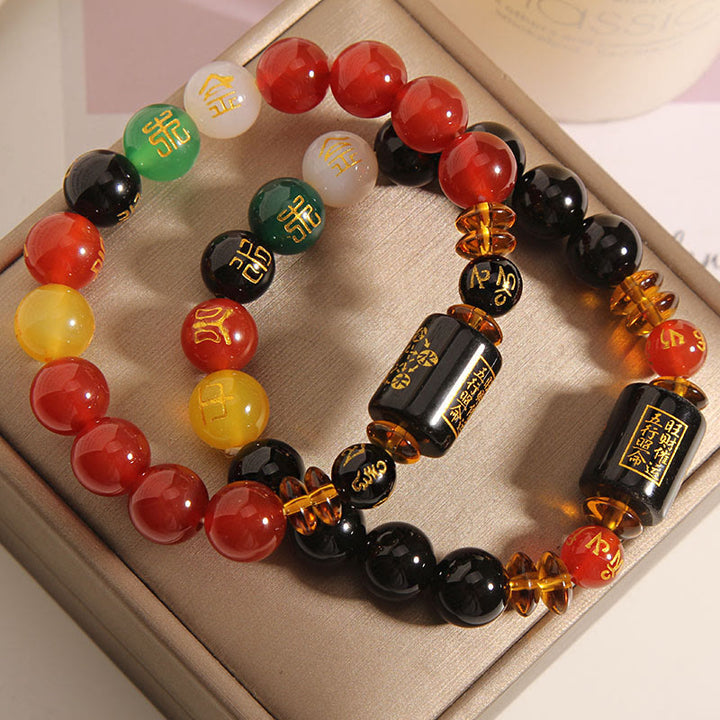Bracelet de sagesse et de richesse en onyx noir et agate rouge avec cinq éléments de Buddha Stones